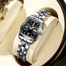 (White steel - black surface) New waterproof ladies' watch with dual calendar, trendy and casual luminous quartz watch