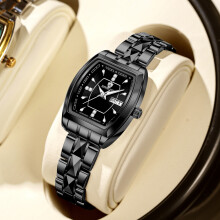(Black steel - black surface - white nails) New waterproof ladies' watch with dual calendar, trendy and casual luminous quartz watch