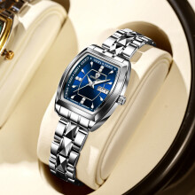 (White steel - blue surface) New waterproof ladies' watch with dual calendar, trendy and casual luminous quartz watch