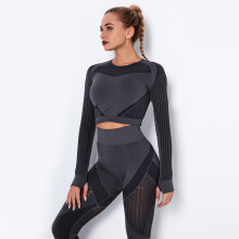 (Long sleeves - dark gray, M) Seamless knitted sexy moisture-wicking long-sleeved yoga wear sports fitness running T-shirt