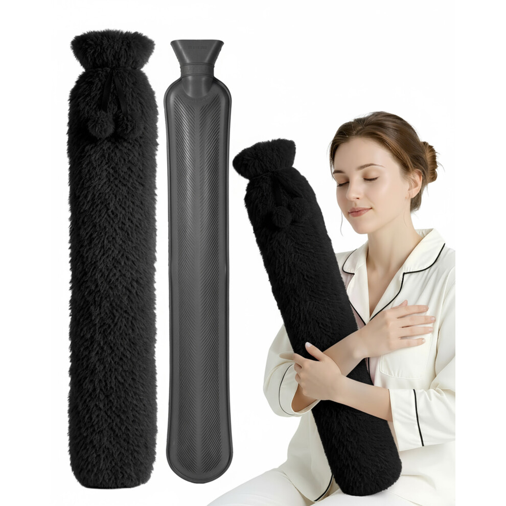 Keplin 2L Long Plush Cosy Hot Water Bottle With Knitted Cover, Black