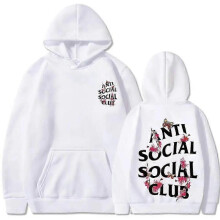 (L, White) Anti Social Club Print Hoodie Cool Hoodies For Men And Women Casual Pullover Hooded Tops With Kangaroo Pocket