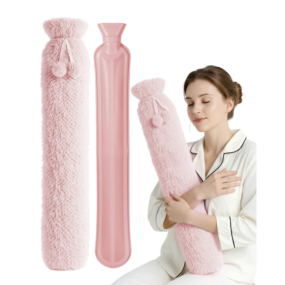 Keplin Pink 2L Long Plush Cosy Hot Water Bottle With Knitted Cover, Blush