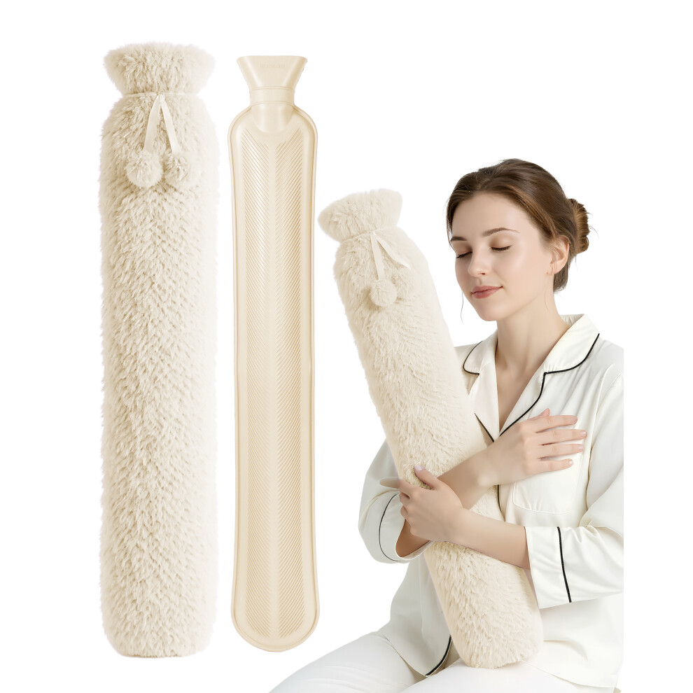 Keplin Cream 2L Long Plush Cosy Hot Water Bottle With Knitted Cover,