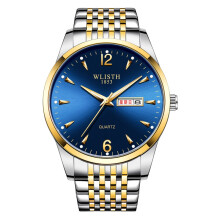 (Blue face with golden bands) Men's watch steel band double calendar business men's watch luminous waterproof leather strap quartz watch