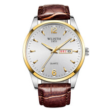 (White face and brown belt) Men's watch steel band double calendar business men's watch luminous waterproof leather strap quartz watch