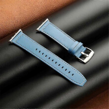 (Blue) For Honor Watch 5 Genuine Cow Leather Watchband Replacement Adjustable Strap - White