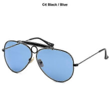 (C4 Black Blue) New Fashion 3138 Shooter Style Vintage Aviation Sunglasses Metal Circle Brand Design Sun Glasses Oculos De Sol With Hood