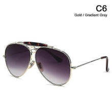 (C6 Gold Gray) New Fashion 3138 Shooter Style Vintage Aviation Sunglasses Metal Circle Brand Design Sun Glasses Oculos De Sol With Hood