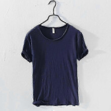 (S, royal blue) Retro Raw Edge T-Shirt for Men Cotton Lightweight Breathable Slim-fit Monochromatic O-Neck Casual Basic Top