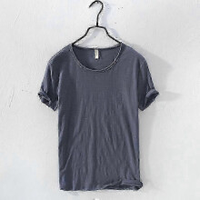 (L, dark grey) Retro Raw Edge T-Shirt for Men Cotton Lightweight Breathable Slim-fit Monochromatic O-Neck Casual Basic Top