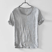 (L, light gray) Retro Raw Edge T-Shirt for Men Cotton Lightweight Breathable Slim-fit Monochromatic O-Neck Casual Basic Top