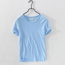 (XXXL, sky blue) Retro Raw Edge T-Shirt for Men Cotton Lightweight Breathable Slim-fit Monochromatic O-Neck Casual Basic Top