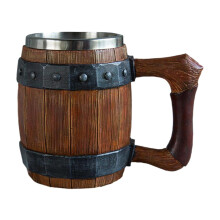 Barrel Beer Cup - Handmade Stainless Steel Resin Stein with Handle, Antique Imitation Wood Design, 16 oz Capacity