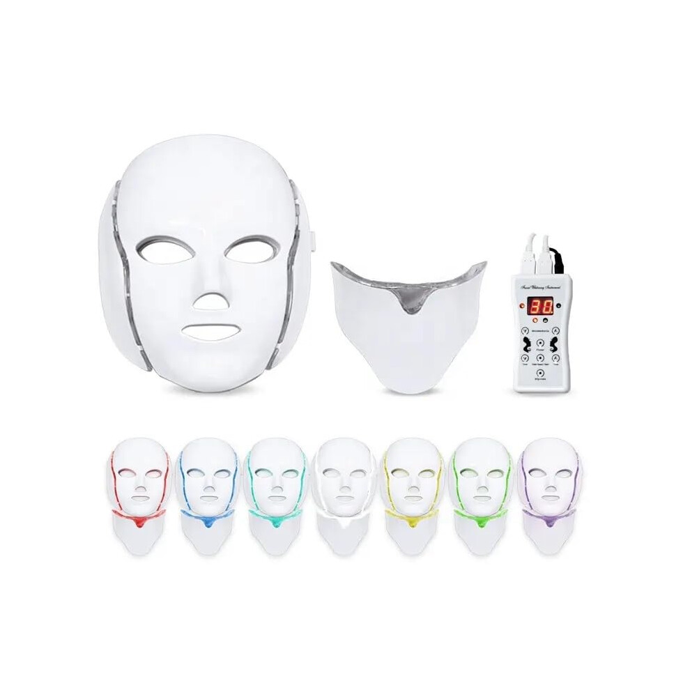 Professional 7 Colour LED Light Therapy Facial Mask and Neck Device for Home Use - Anti-Ageing, Acne Treatment, Skin Rejuvenation