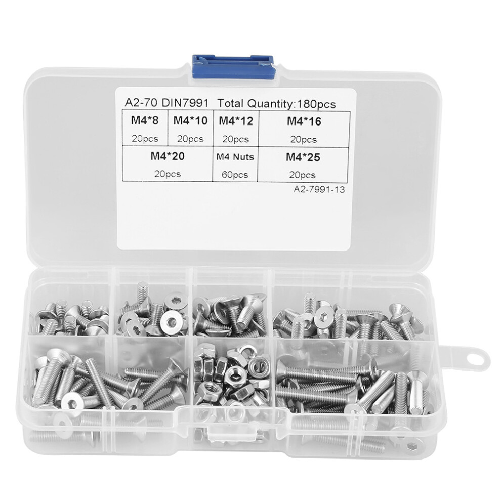 180pcs M4 304 Stainless Steel Flat Head Bolt