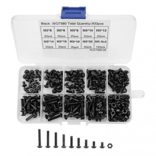 300pcs M3 Black 10.9 Grade Button Head Hex Socket Screw Bolt Nut Assortment Kit