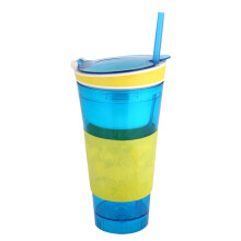 Caneca de viagem 2 em 1 para lanches e bebidas, copos de viagem para crianças, porta-copos, copo para lanches de bebidas (amarelo + azul)