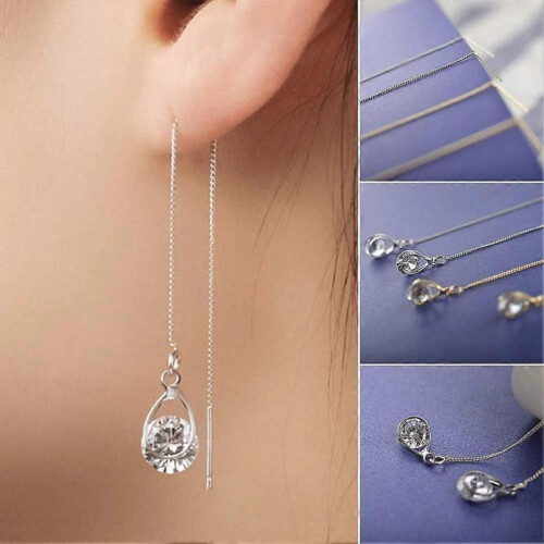 Women Teardrop Cubic Zirconia Threader Long Chain Line Thread Dangle Earrings 1
