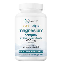 Complejo de magnesio triple puro 300 Cpsulas | 400 mg de taurato de malato glicinato de magnesio con vitamina C | Solo usa ingredientes activos | Su