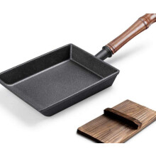 Tamagoyaki Omelette Pan Mini Cast Iron Frying Pan with Wooden Handle, Uncoated Rectangle Japanese Breakfast Pan, Black