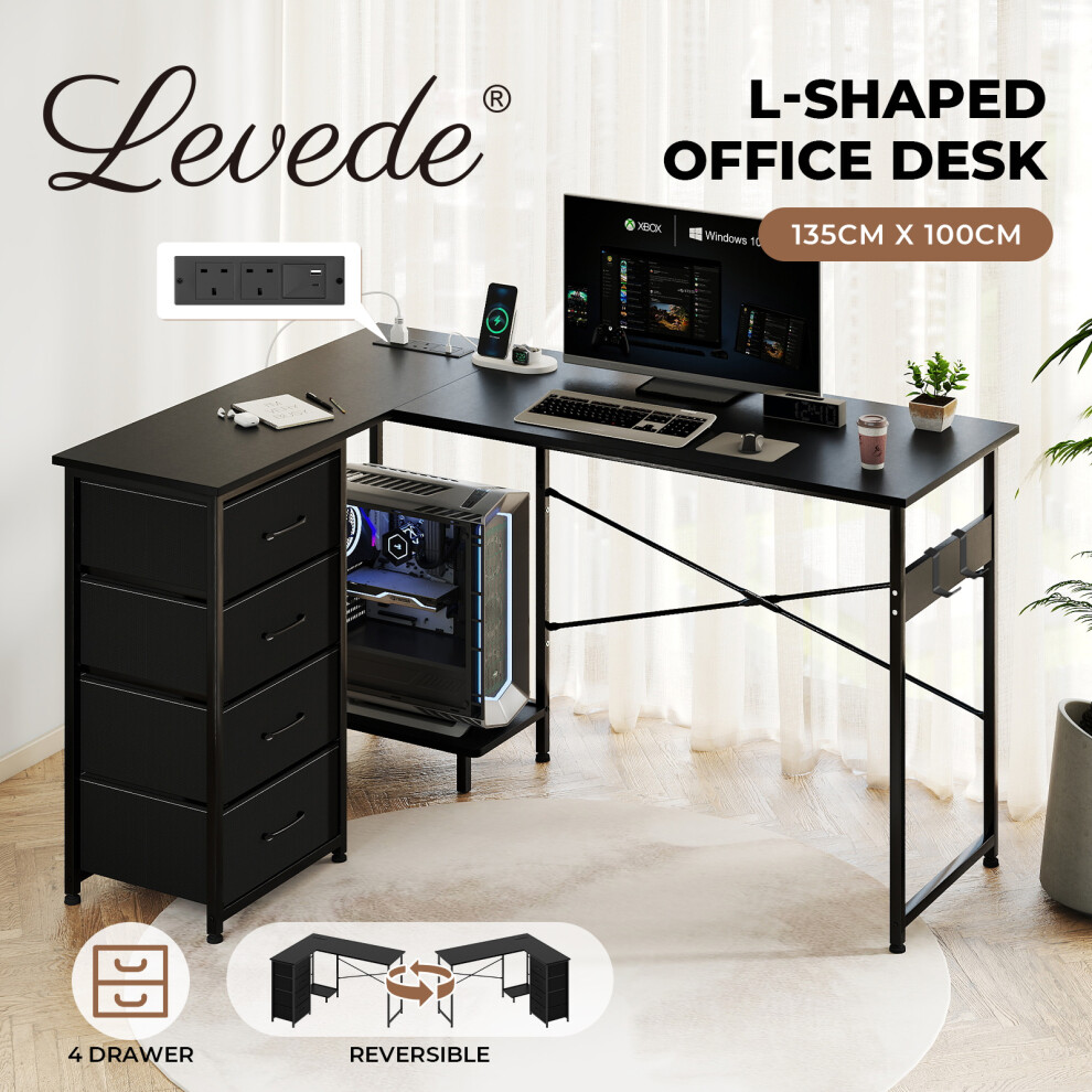 Levede Office Gaming Desk Reversible L-Shaped Corner Computer Table 4 Drawers