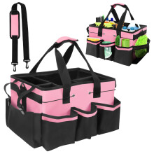 Cleaning Caddy Bag with Handle - Large Adjustable Multi Pocket Tool Organizer for Home, Car, Garden, Craft (Pink)