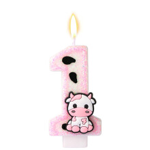 Cow Candle - Glitter Number 1 Birthday Candle, Milk Cow Print Cake Topper for Farm Animal Theme Birthday Party Decorations