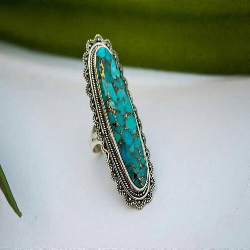 Solid Big Blue Copper Long Oval Turquoise Ring Boho Vintage Jewelry,10 Adorable 1