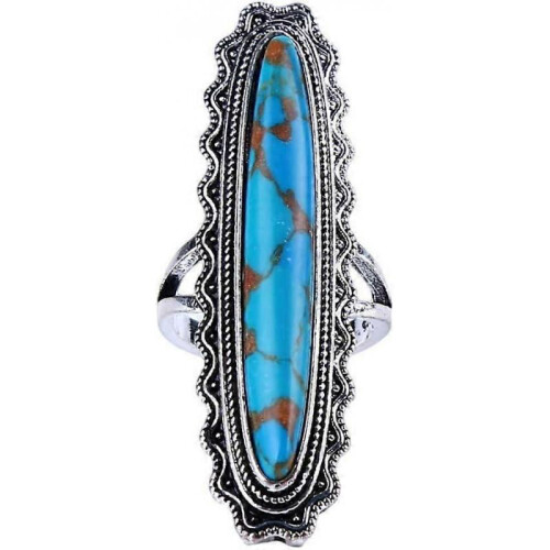 Solid Big Blue Copper Long Oval Turquoise Ring Boho Vintage Jewelry,10 Adorable
