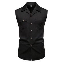 Sleeveless Shirt Men's Tank Top Cotton Button Down Muscle Shirt XXL O Black Breathable Summer Beach Leisure Blouse