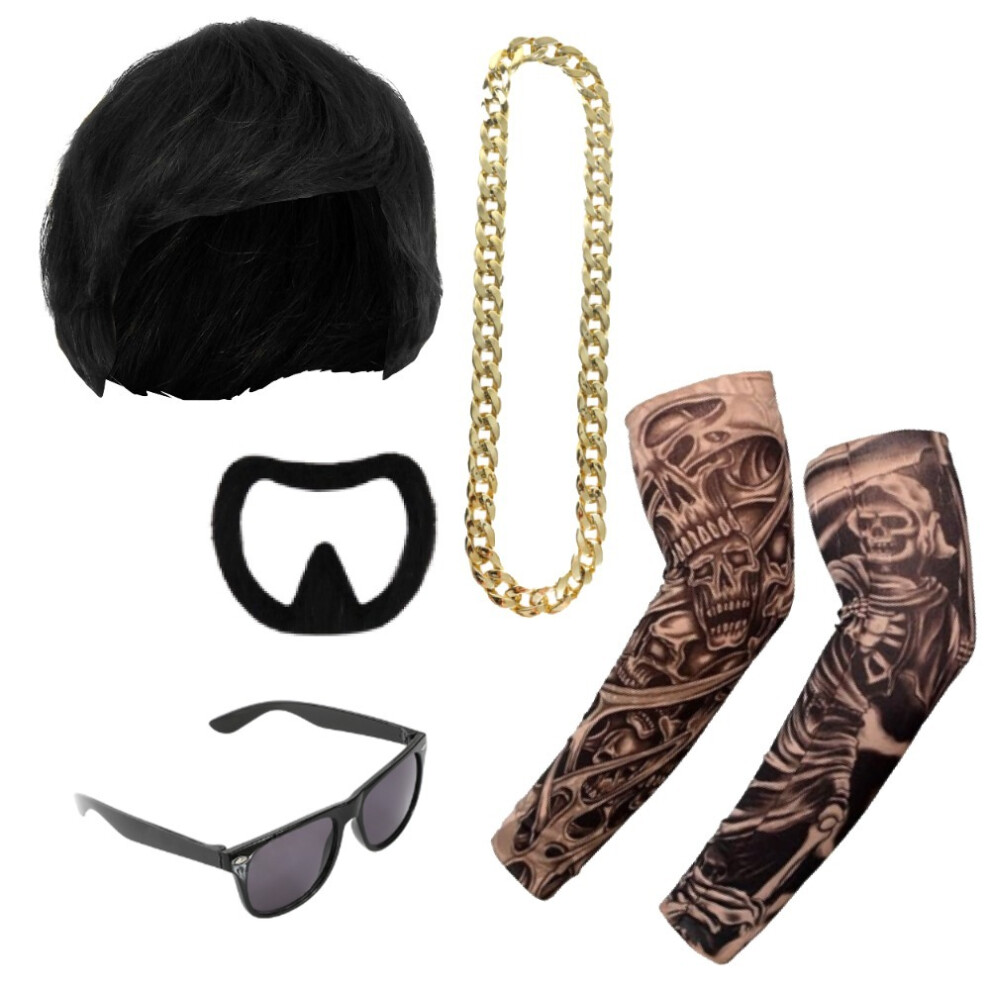 I Love Fancy Dress Ltd Ibiza Final Boss Costume Wig, Chain, Sunglasses, Goatee & Tattoo Sleeves Black
