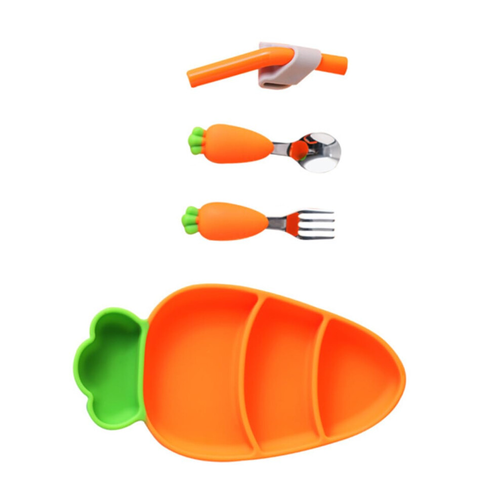 Carrot Themed Utensils Set for Babies - Safe Durable Feeding Supplies with Plate, Spoon, Fork, and Straw for Weaning
