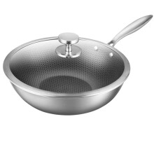 Stainless Steel Honeycomb Wok 34 cm Induction Gas Compatible Stir-Fry Pan with Lid, Durable Iron Cooking Pot