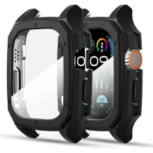 (B) 2pcs for iWatch Ultra/Ultra2 Screen Protector Case 49mm, Watch Full Protective Cover Hard PC Bumper Built-in HD Tempered Glass Film