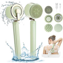 Electric Body Bath Brush, Rechargeable Back Brush Long Handle for Shower with 5 Brush Heads,ipx7 Waterproof Silicone Body Scrubber Exfoliating Deep Cl