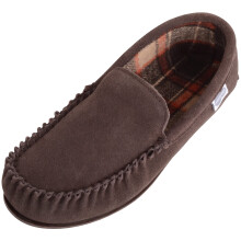 (UK8, Brown) Leo, Suede Loafer Moccasin Slippers with Checked Cotton Inner and Rubber Sole