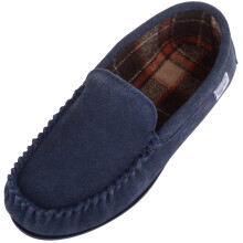 (UK7, Navy) Leo, Suede Loafer Moccasin Slippers with Checked Cotton Inner and Rubber Sole