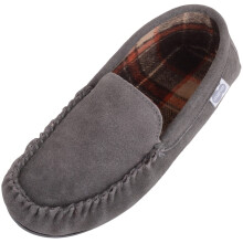 (UK9, Grey) Leo, Suede Loafer Moccasin Slippers with Checked Cotton Inner and Rubber Sole