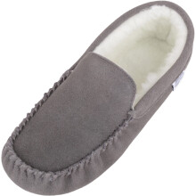 (UK8, Grey) Ronnie, Suede Wool Moccasin Slippers with Suede Sole