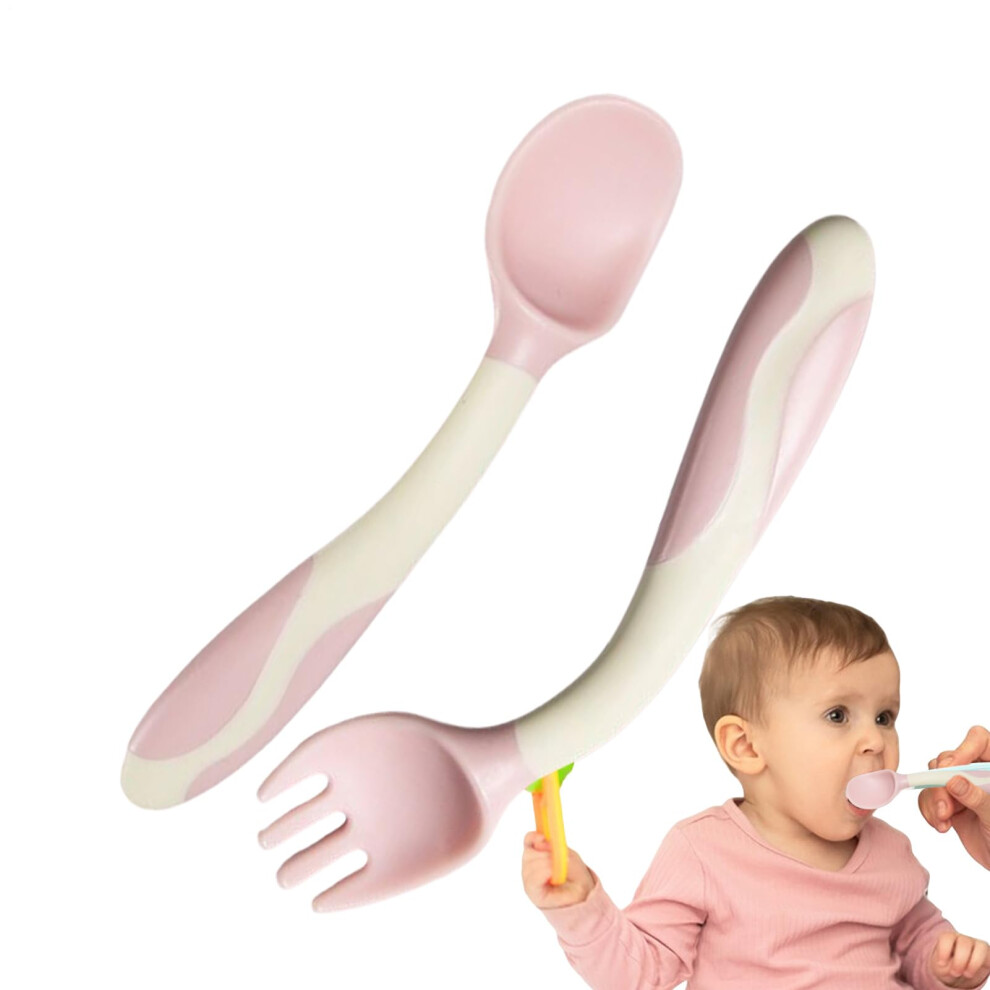 Baby Cutlery Set, Bendable Silicone Feeding Spoon And Fork For Toddlers, Ergonomic Grip Flatware Utensils Set In Pink