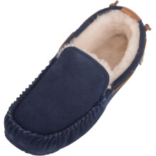 (UK7, Navy) Freddie, Genuine Sheepskin Loafer Slippers with Rubber Sole