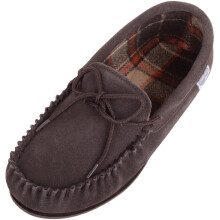 (UK8, Brown) George, Suede Moccasin Slippers with Checked Cotton Inner and Rubber Sole