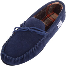(UK12, Navy) George, Suede Moccasin Slippers with Checked Cotton Inner and Rubber Sole
