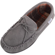 (UK8, Grey) George, Suede Moccasin Slippers with Checked Cotton Inner and Rubber Sole