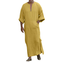Men's V-Neck Linen Kaftan Thobe with Side Split, Short Sleeve, Loose Fit, Breathable Nightdress in Yellow, Size M