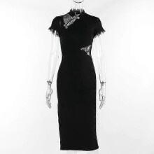 Goth Dark 90s Vintage Aesthetic Mesh Patchwork Dress Women Fairy Gothic Party Gown Sexy Split Hem Bodycon Dresses Slim Cheongsam