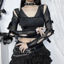 Gothic Mesh Patchwork See Through Crop Top Grunge Slim Women Alt Tops Sexy Hollow Out Bow T-Shirt Street Blouse