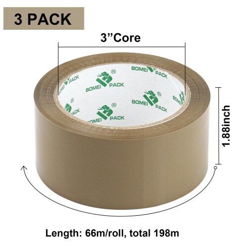 Bomei Pack 3 Rolls No Bubble Brown Secure Sticky Packing Tape with 1 1