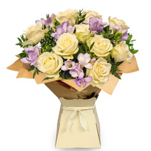 Rose Freesia Flower Bouquet of Fresh Real Flowers - White Roses Lilac